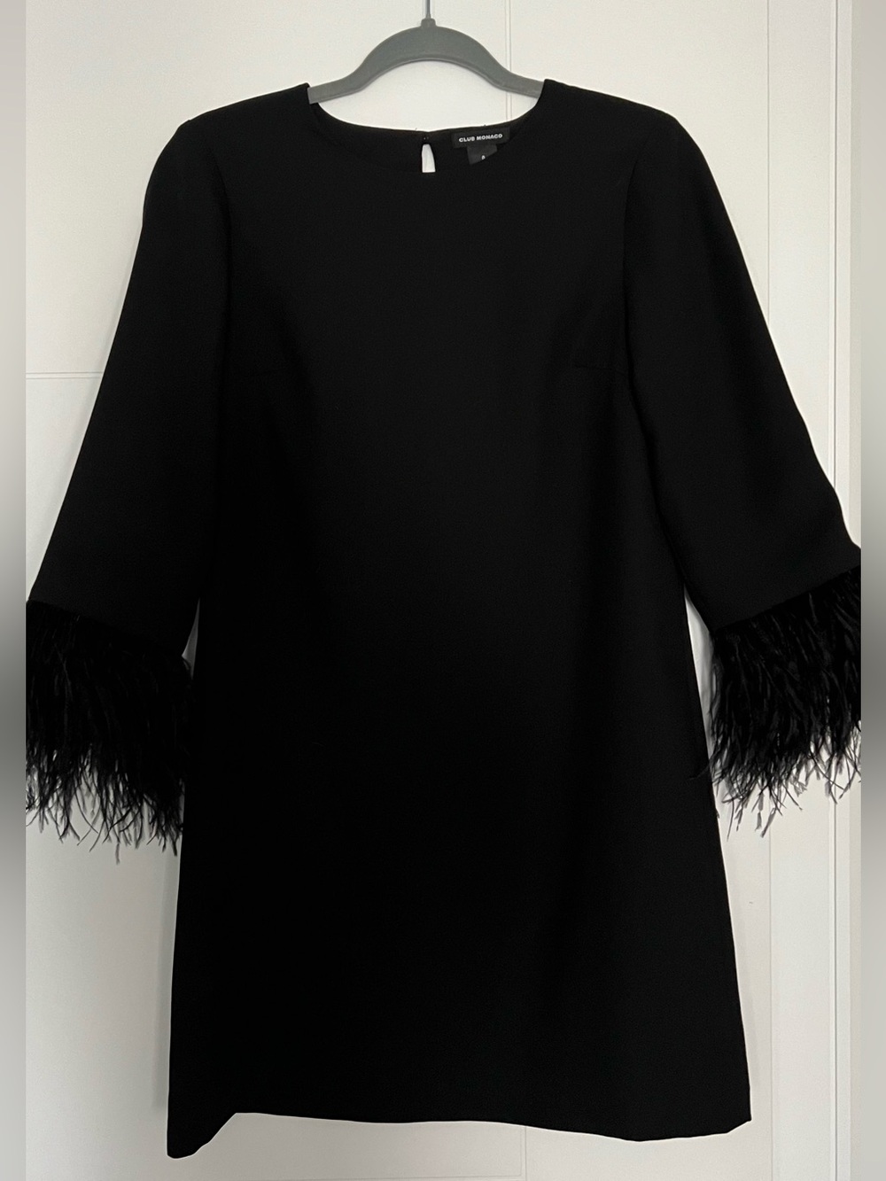 Club Monaco Black Shift Dress with Feather-Trim Sleeves